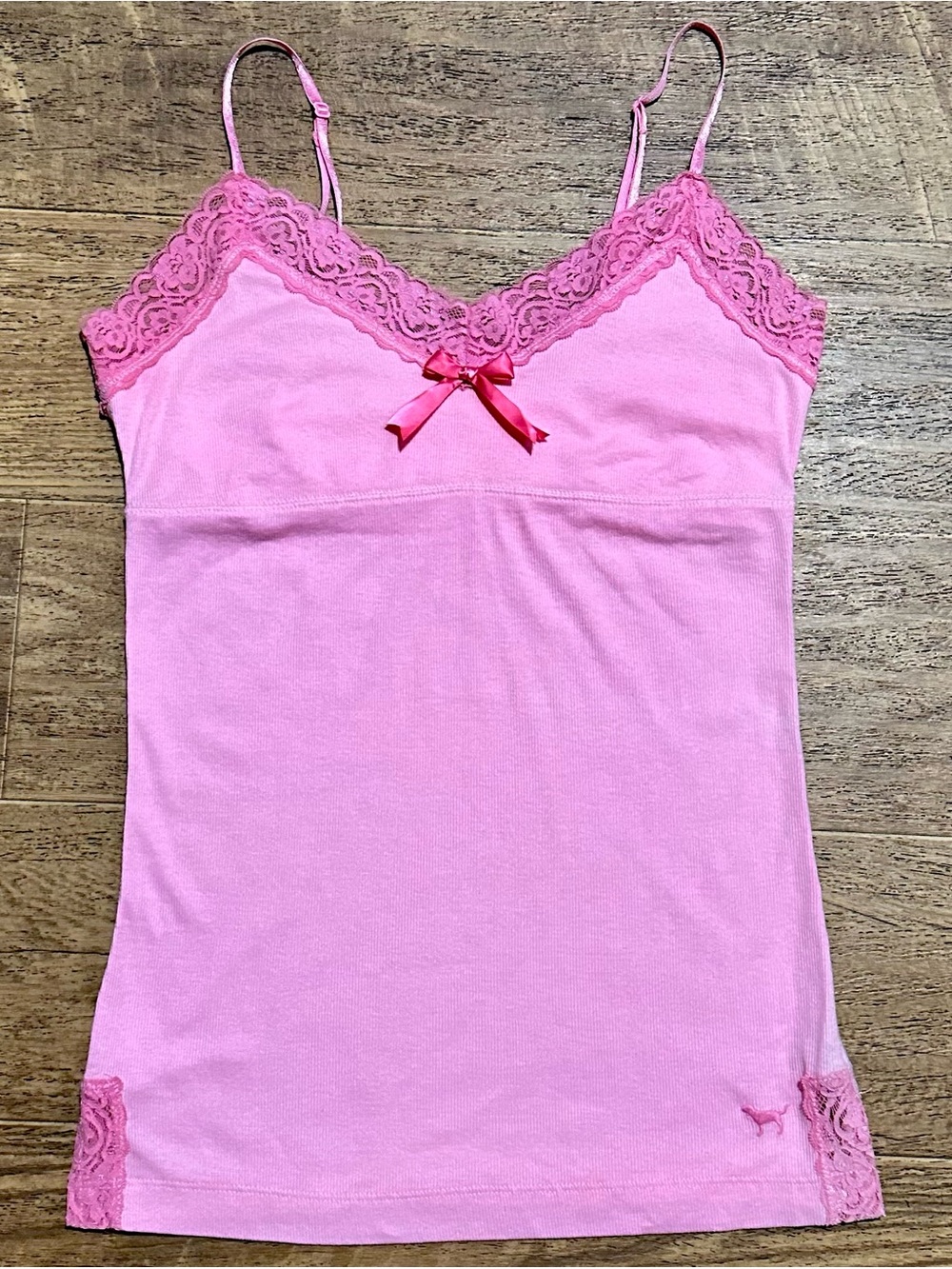 VS PINK Y2K VINTAGE RIBBED PINK CAMI PINK LACE / BOW LARGE